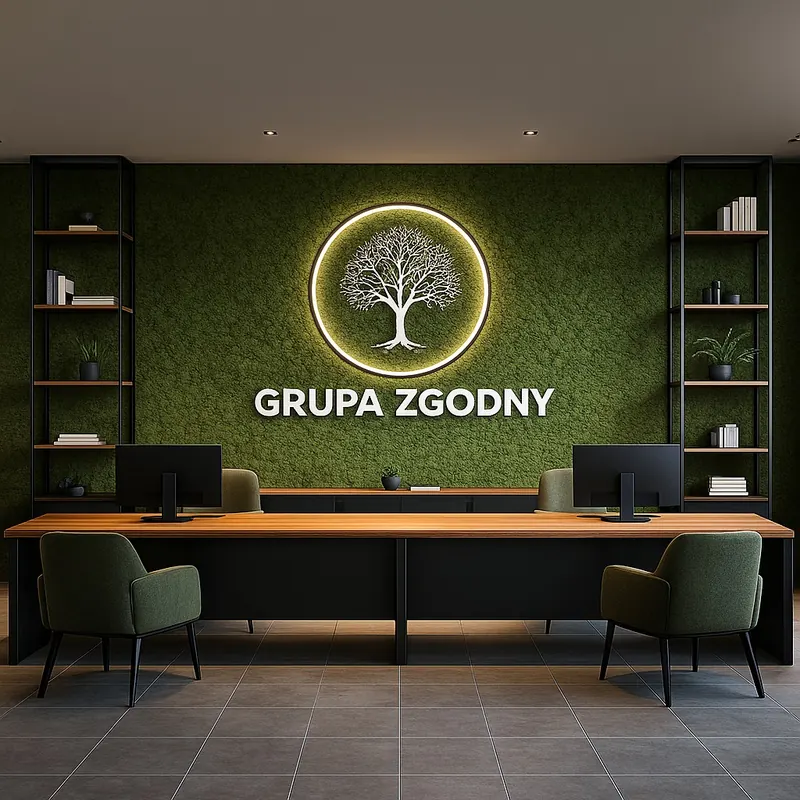 Wnętrze salonu Grupy Zgodny z zieloną ścianą mchu i podświetlanym logo